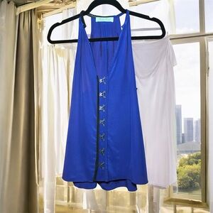 Geren Ford Blue Halter Blouse with Metal Button Detail Leather trim